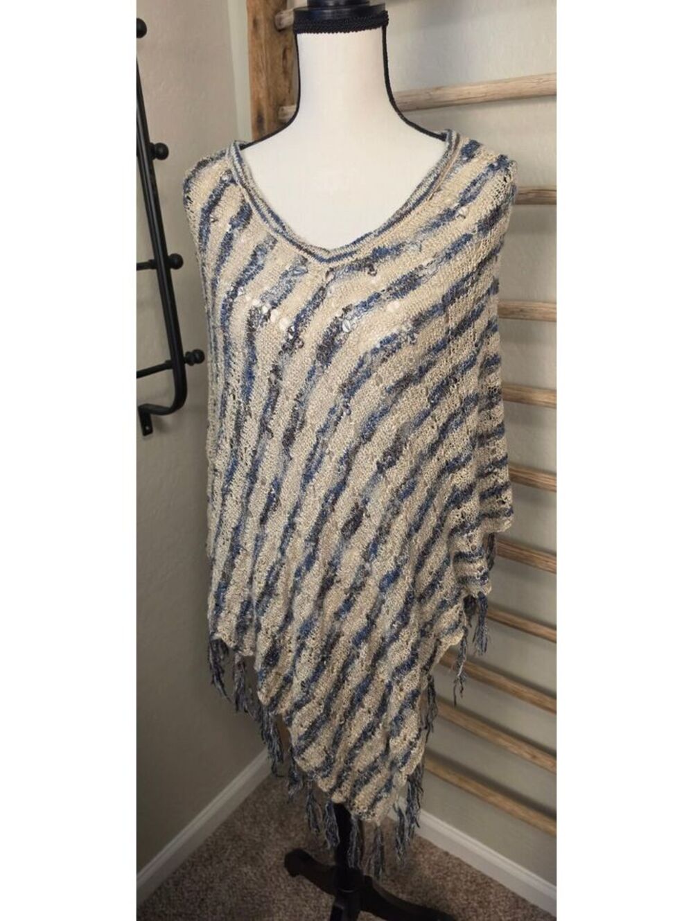 Chico's Women's One Size Knit Poncho with Fringe Detail
